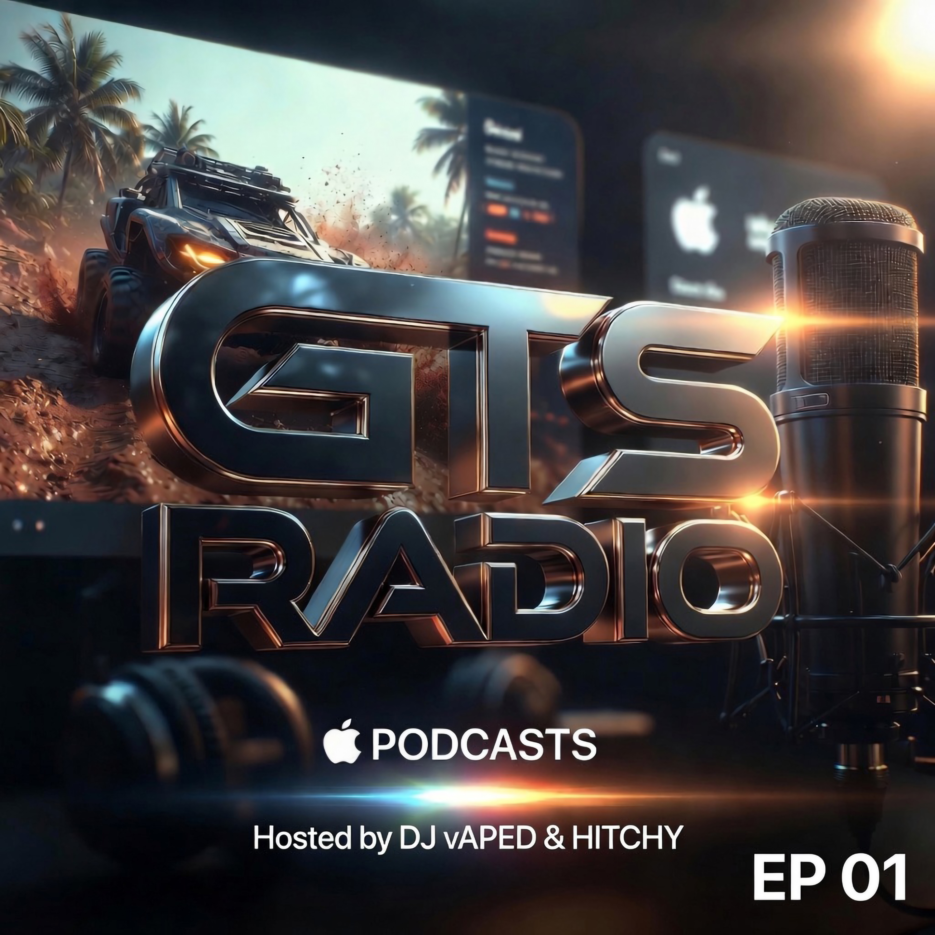 GTS Radio EP 01 cover art with microphone, GTS Radio logo and Apple Podcasts atmosphere
